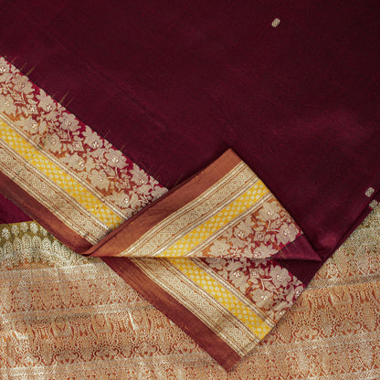 Sanskriti Vintage Saree Dark Red Soft Pure Silk Brocade Woven Sari 5+Yard Fabric