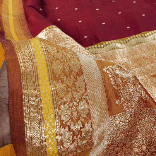 Sanskriti Vintage Saree Dark Red Soft Pure Silk Brocade Woven Sari 5+Yard Fabric