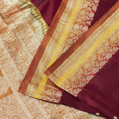 Sanskriti Vintage Saree Dark Red Soft Pure Silk Brocade Woven Sari 5+Yard Fabric