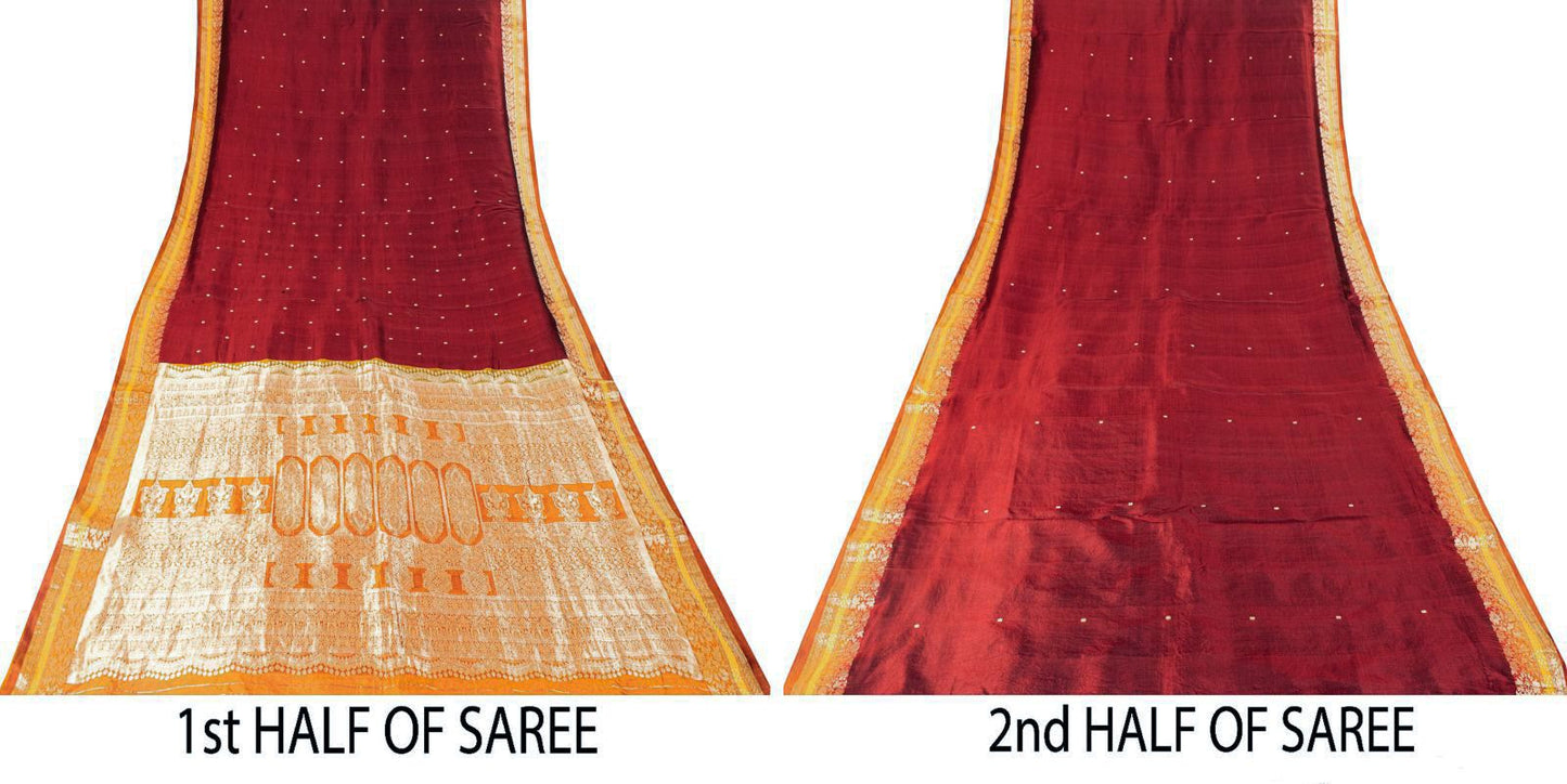 Sanskriti Vintage Saree Dark Red Soft Pure Silk Brocade Woven Sari 5+Yard Fabric