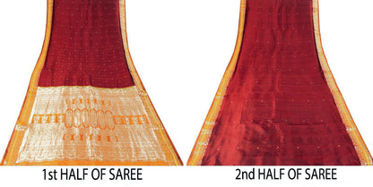 Sanskriti Vintage Saree Dark Red Soft Pure Silk Brocade Woven Sari 5+Yard Fabric