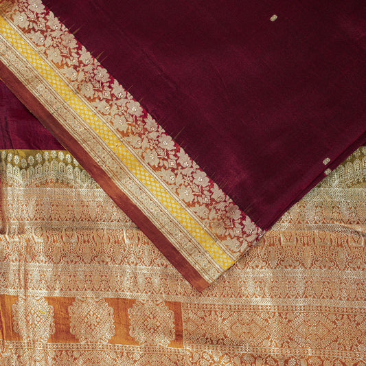 Sanskriti Vintage Saree Dark Red Soft Pure Silk Brocade Woven Sari 5+Yard Fabric