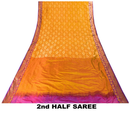 Sanskriti Vintage Saree Yellow-Purple Art Silk Brocade Zari Hand Woven Sari 5+YD