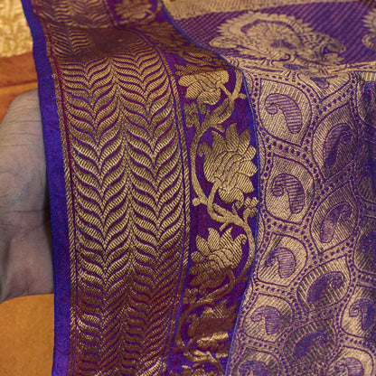 Sanskriti Vintage Saree Yellow-Purple Art Silk Brocade Zari Hand Woven Sari 5+YD
