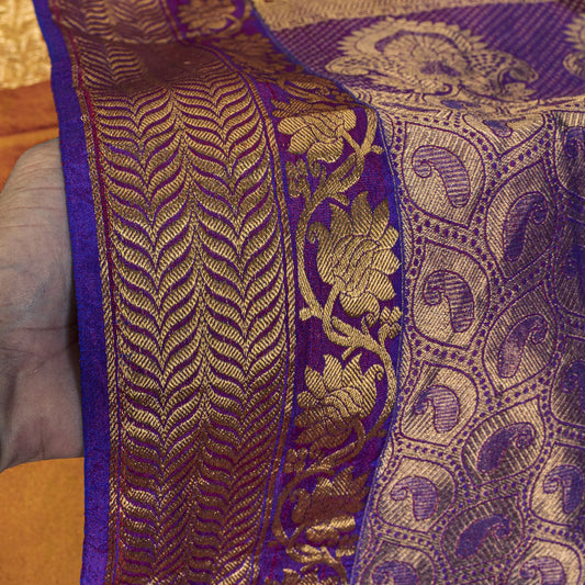 Sanskriti Vintage Saree Yellow-Purple Art Silk Brocade Zari Hand Woven Sari 5+YD