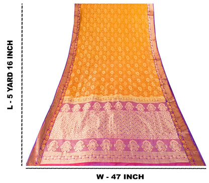 Sanskriti Vintage Saree Yellow-Purple Art Silk Brocade Zari Hand Woven Sari 5+YD