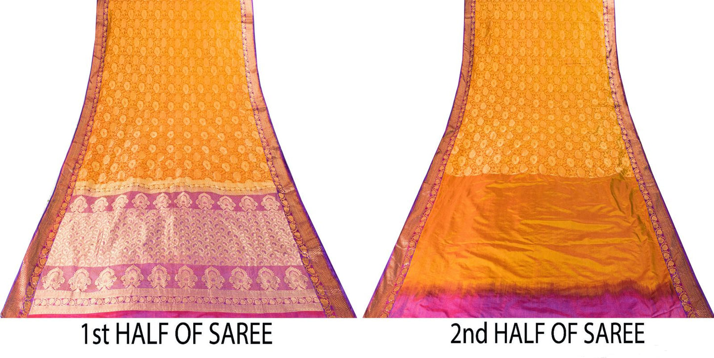 Sanskriti Vintage Saree Yellow-Purple Art Silk Brocade Zari Hand Woven Sari 5+YD