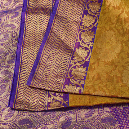 Sanskriti Vintage Saree Yellow-Purple Art Silk Brocade Zari Hand Woven Sari 5+YD