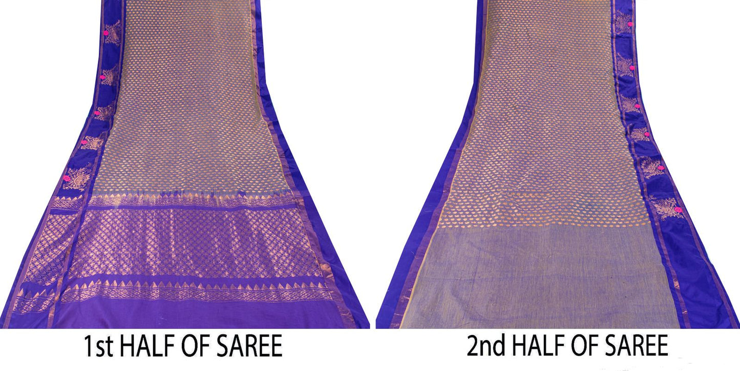 Sanskriti Vintage Saree Blue Blend Cotton Brocade Zari Handwoven Sari 5+YD Craft