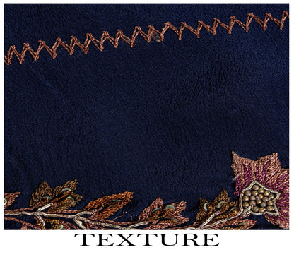 Sanskriti Vintage Saree Blue Pure Crepe Silk Wedding Hand Embroidery Sari 5.5+YD