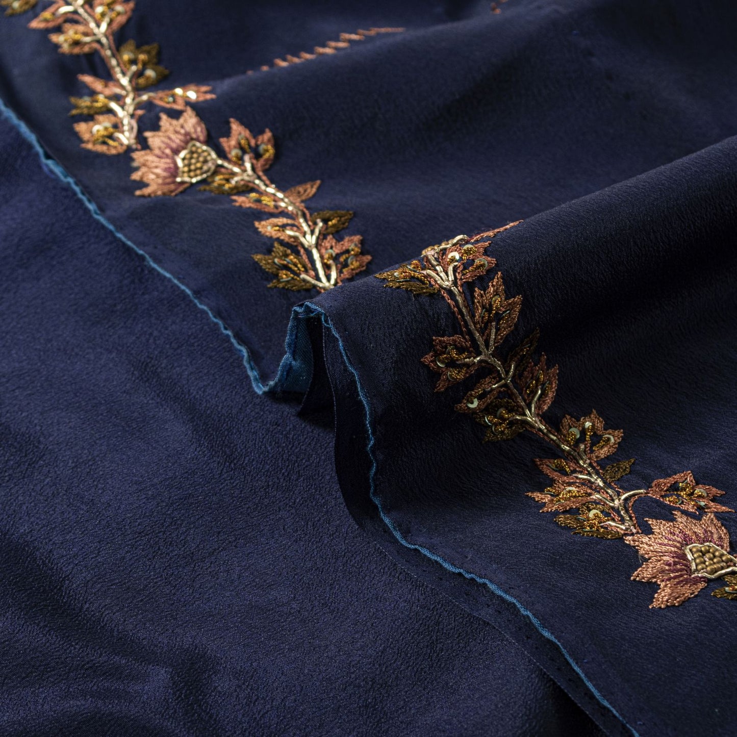 Sanskriti Vintage Saree Blue Pure Crepe Silk Wedding Hand Embroidery Sari 5.5+YD