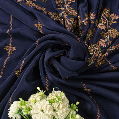 Sanskriti Vintage Saree Blue Pure Crepe Silk Wedding Hand Embroidery Sari 5.5+YD