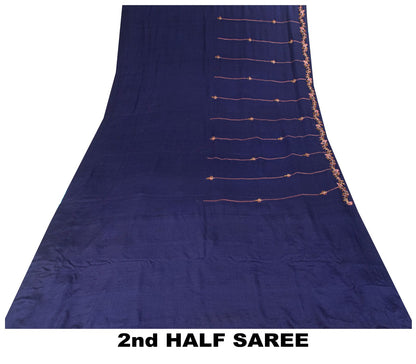 Sanskriti Vintage Saree Blue Pure Crepe Silk Wedding Hand Embroidery Sari 5.5+YD