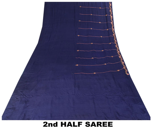 Sanskriti Vintage Saree Blue Pure Crepe Silk Wedding Hand Embroidery Sari 5.5+YD