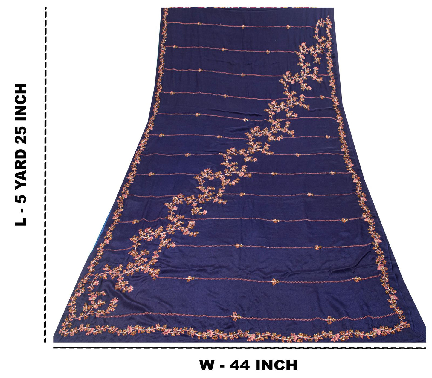 Sanskriti Vintage Saree Blue Pure Crepe Silk Wedding Hand Embroidery Sari 5.5+YD