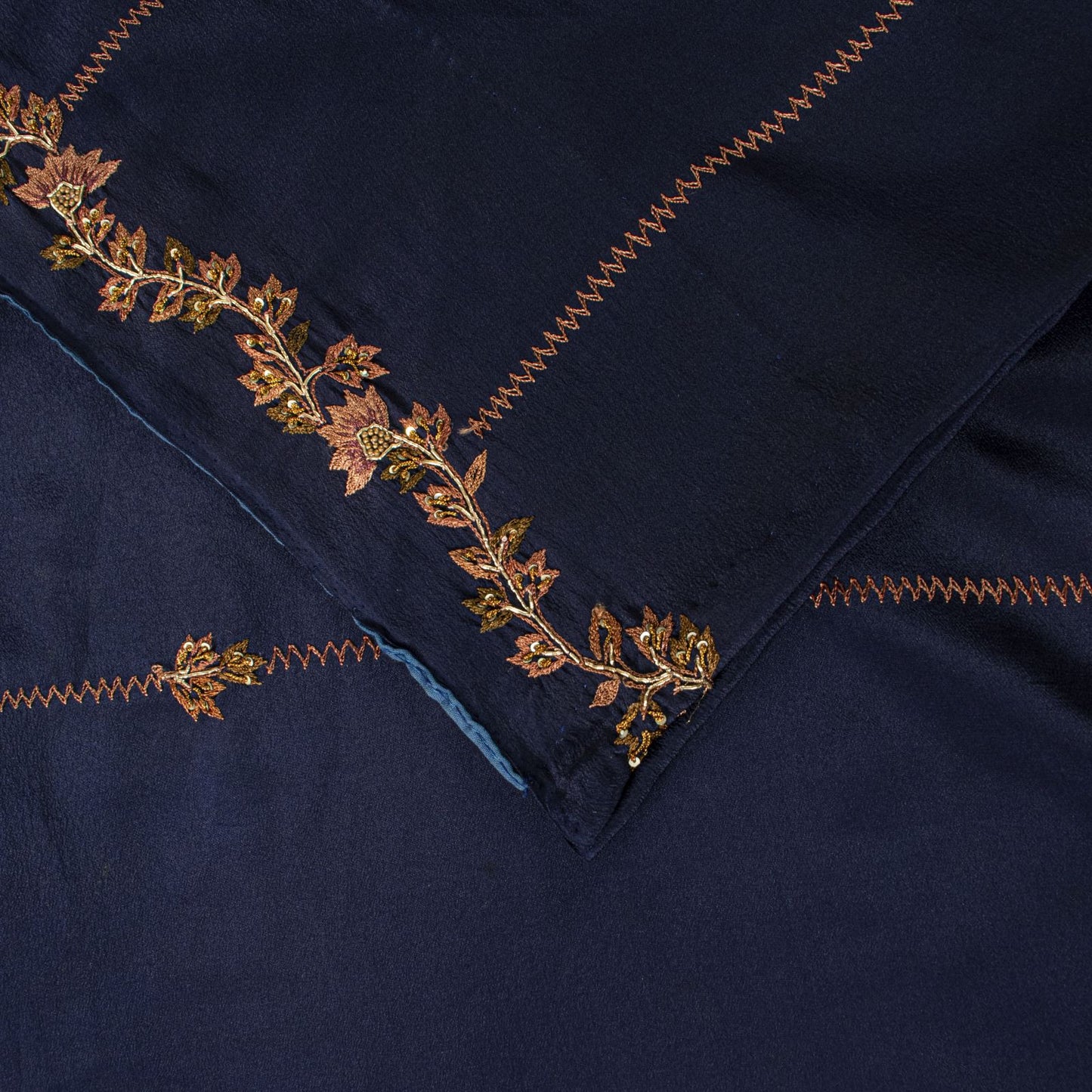 Sanskriti Vintage Saree Blue Pure Crepe Silk Wedding Hand Embroidery Sari 5.5+YD