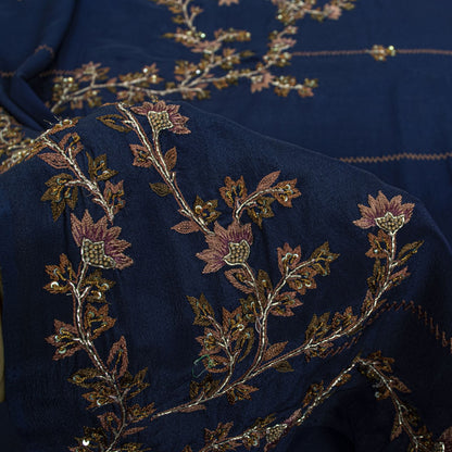 Sanskriti Vintage Saree Blue Pure Crepe Silk Wedding Hand Embroidery Sari 5.5+YD