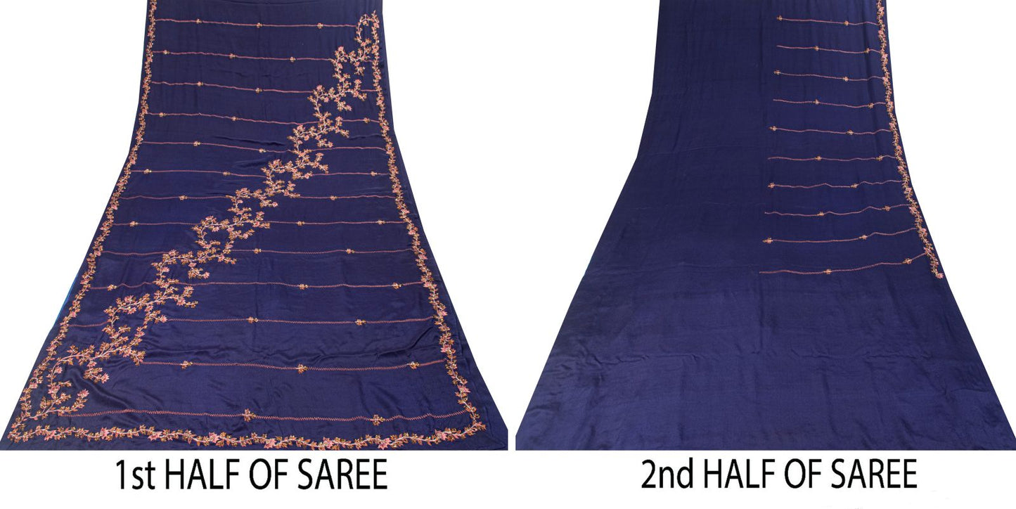 Sanskriti Vintage Saree Blue Pure Crepe Silk Wedding Hand Embroidery Sari 5.5+YD