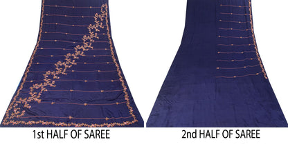 Sanskriti Vintage Saree Blue Pure Crepe Silk Wedding Hand Embroidery Sari 5.5+YD