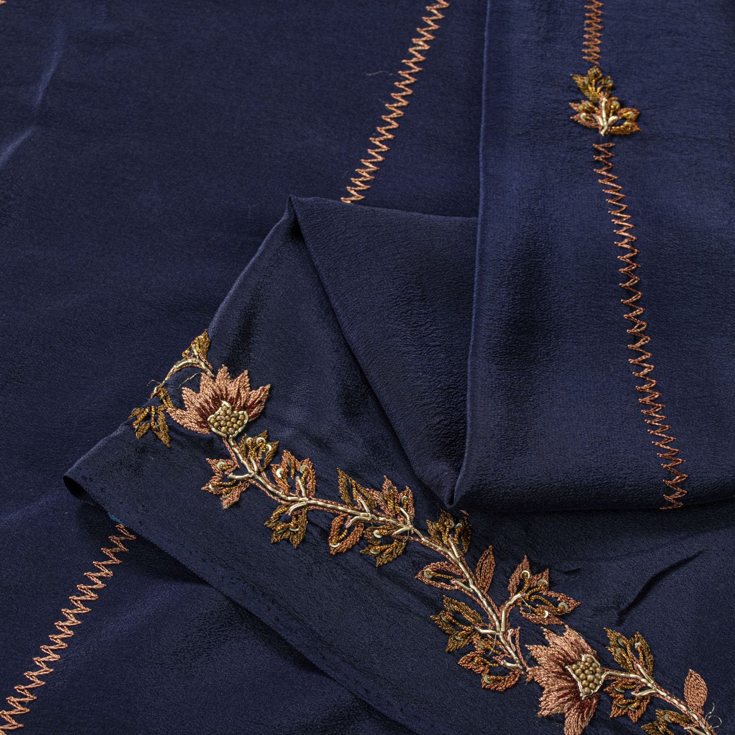 Sanskriti Vintage Saree Blue Pure Crepe Silk Wedding Hand Embroidery Sari 5.5+YD