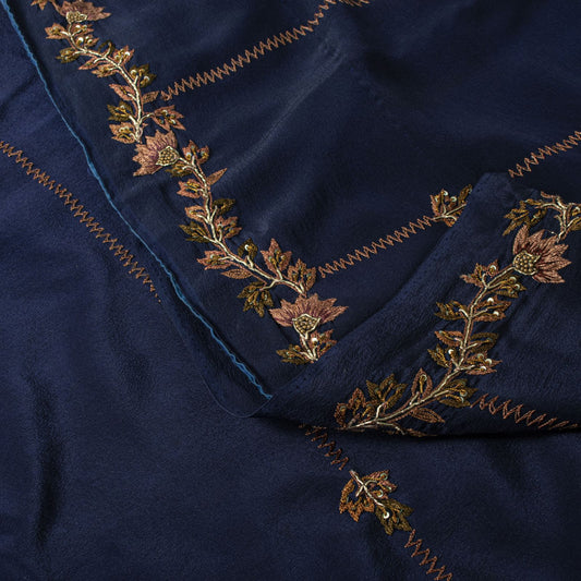 Sanskriti Vintage Saree Blue Pure Crepe Silk Wedding Hand Embroidery Sari 5.5+YD