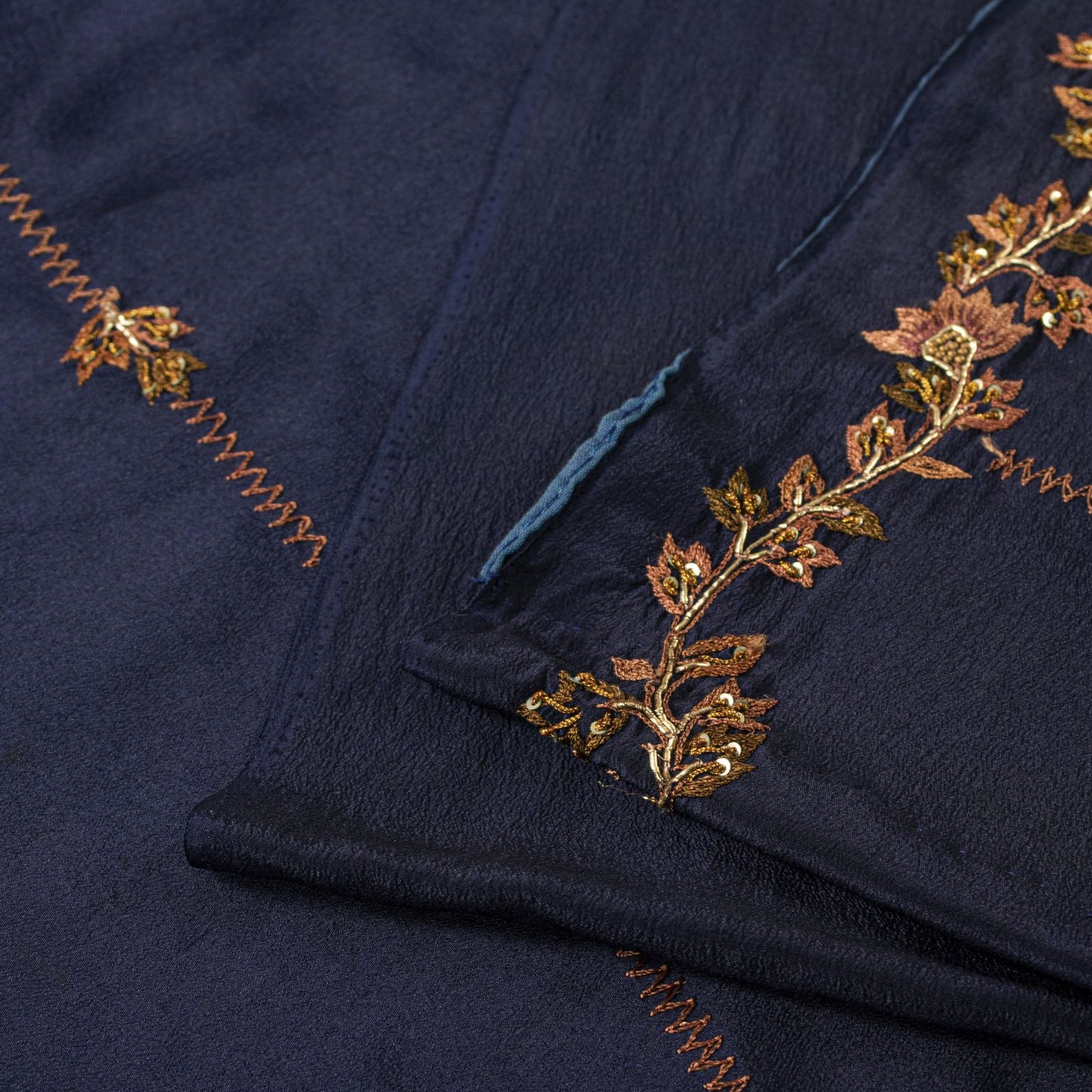 Sanskriti Vintage Saree Blue Pure Crepe Silk Wedding Hand Embroidery Sari 5.5+YD