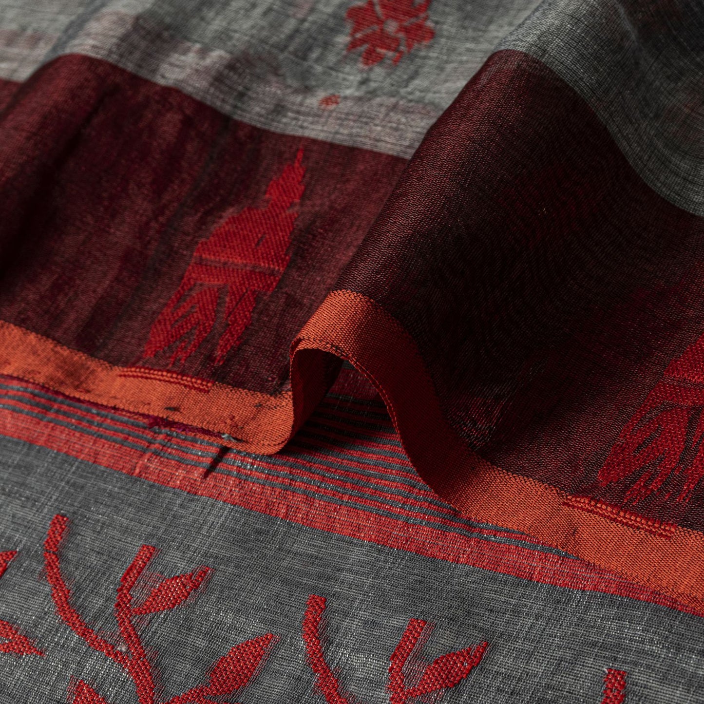Sanskriti Vintage Saree Gray-Red Blend Cotton Jamdani Woven West Bengal 5.5YSari