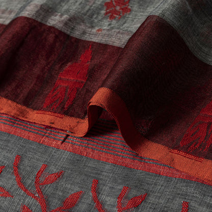 Sanskriti Vintage Saree Gray-Red Blend Cotton Jamdani Woven West Bengal 5.5YSari