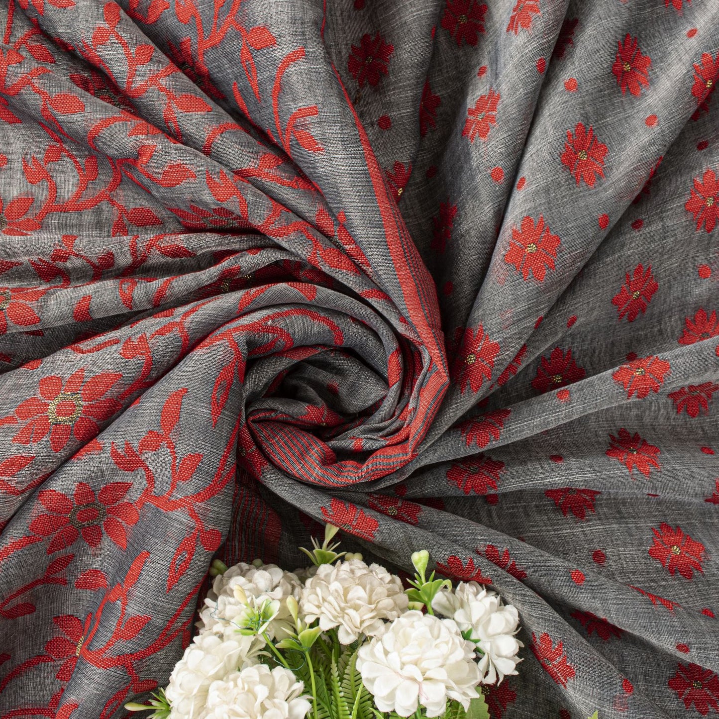 Sanskriti Vintage Saree Gray-Red Blend Cotton Jamdani Woven West Bengal 5.5YSari
