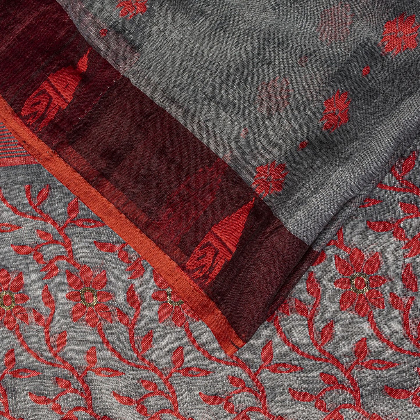 Sanskriti Vintage Saree Gray-Red Blend Cotton Jamdani Woven West Bengal 5.5YSari