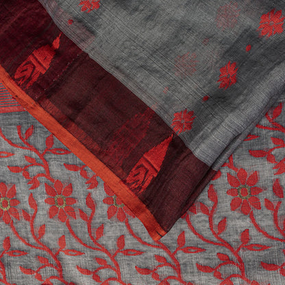 Sanskriti Vintage Saree Gray-Red Blend Cotton Jamdani Woven West Bengal 5.5YSari