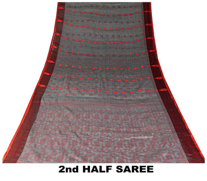 Sanskriti Vintage Saree Gray-Red Blend Cotton Jamdani Woven West Bengal 5.5YSari