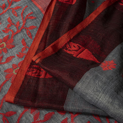 Sanskriti Vintage Saree Gray-Red Blend Cotton Jamdani Woven West Bengal 5.5YSari