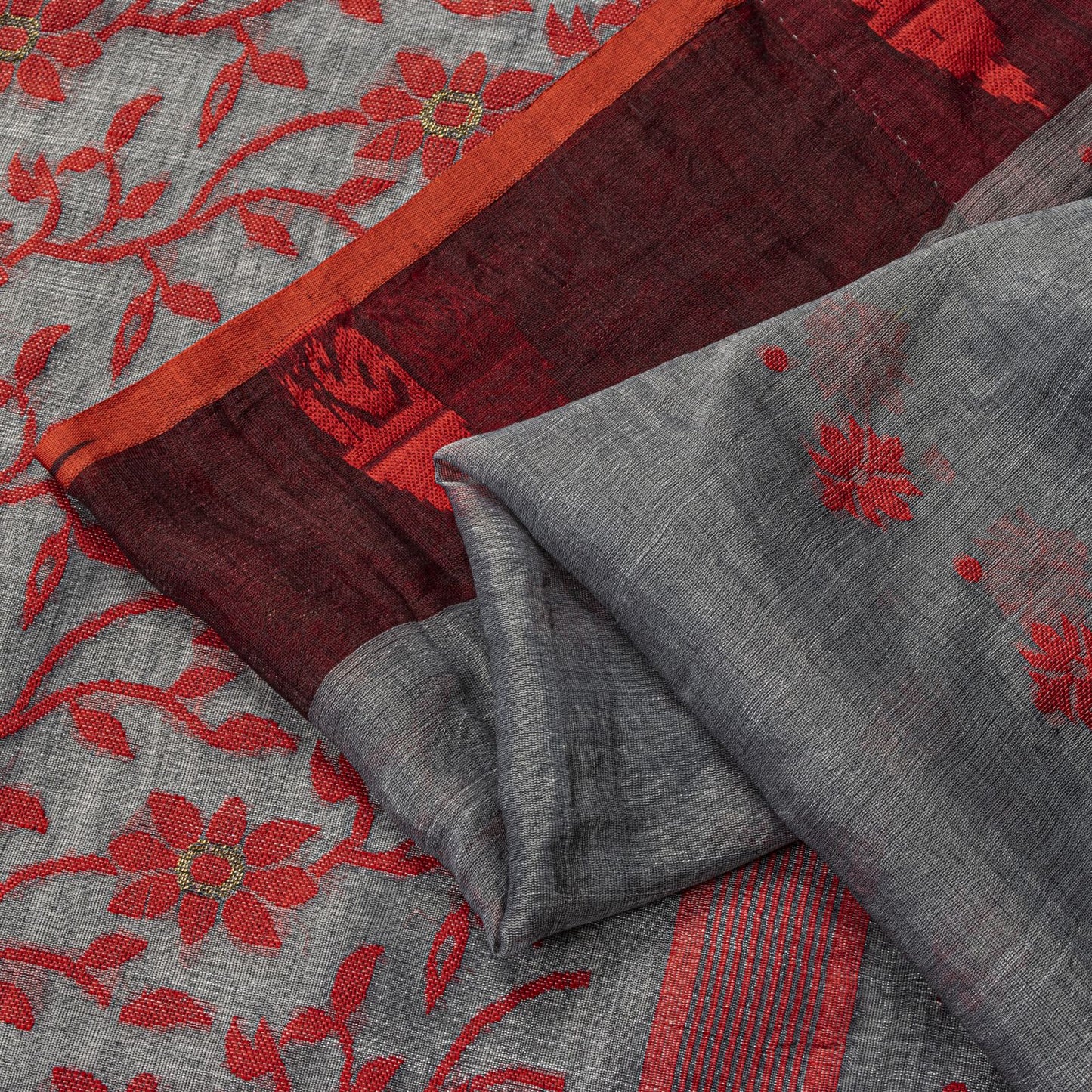 Sanskriti Vintage Saree Gray-Red Blend Cotton Jamdani Woven West Bengal 5.5YSari