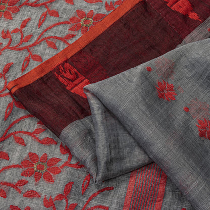 Sanskriti Vintage Saree Gray-Red Blend Cotton Jamdani Woven West Bengal 5.5YSari