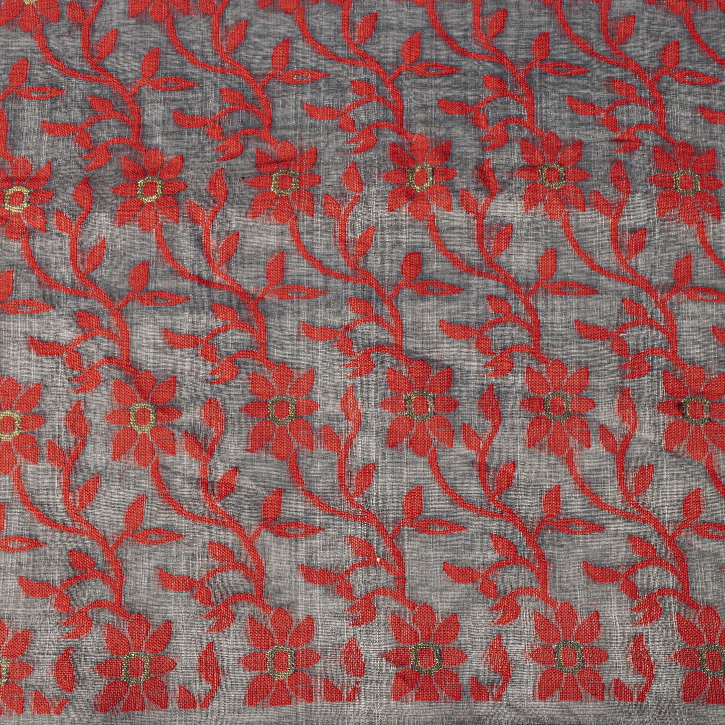 Sanskriti Vintage Saree Gray-Red Blend Cotton Jamdani Woven West Bengal 5.5YSari