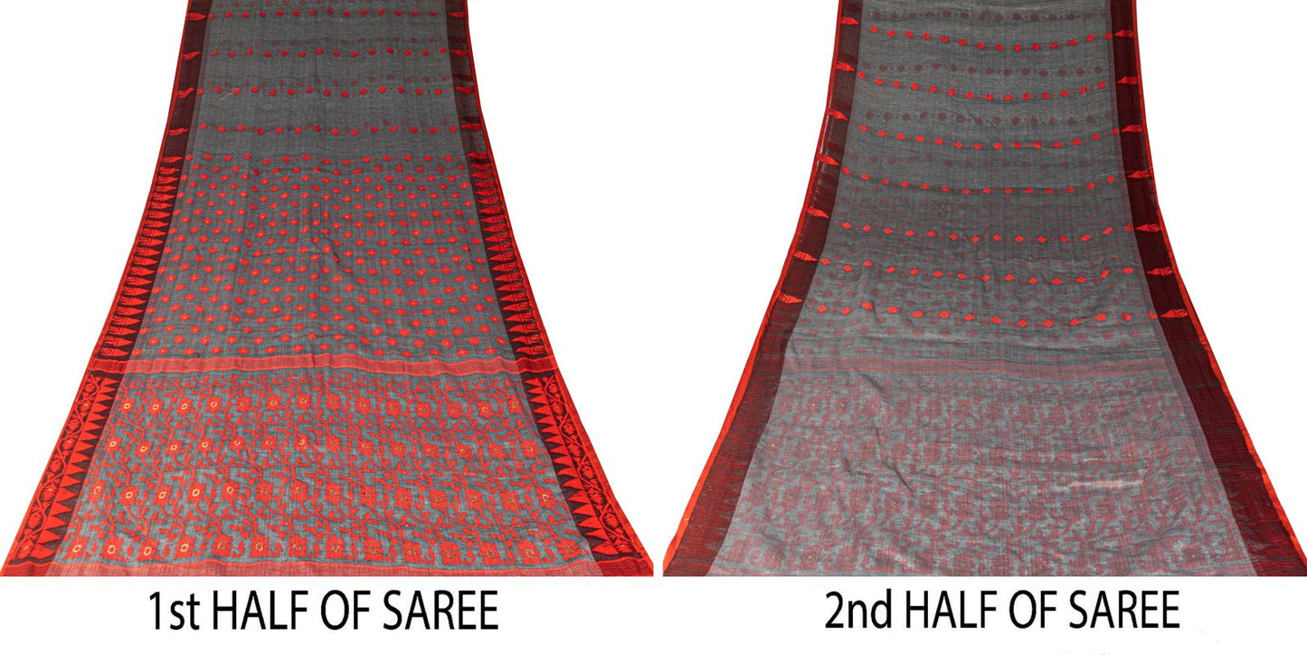 Sanskriti Vintage Saree Gray-Red Blend Cotton Jamdani Woven West Bengal 5.5YSari