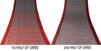 Sanskriti Vintage Saree Gray-Red Blend Cotton Jamdani Woven West Bengal 5.5YSari