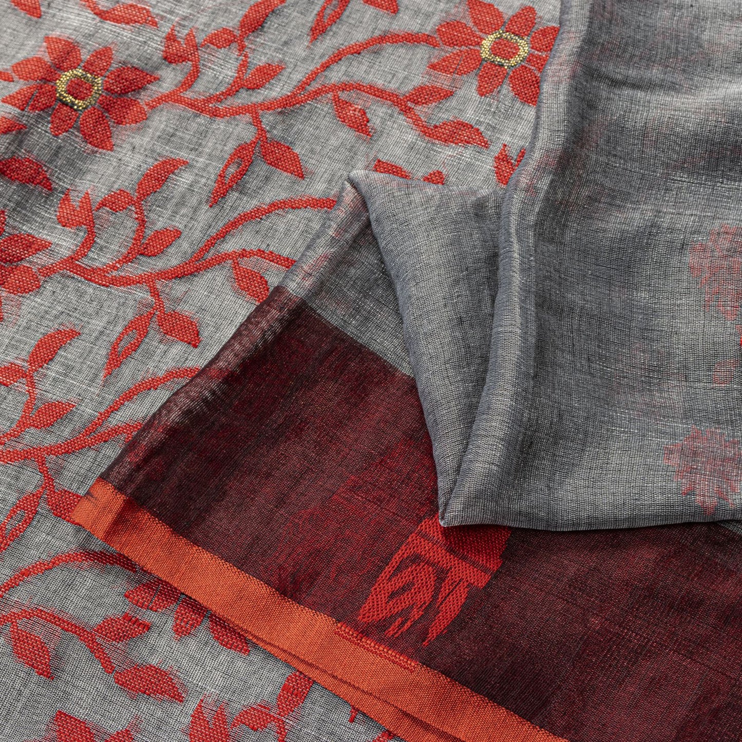 Sanskriti Vintage Saree Gray-Red Blend Cotton Jamdani Woven West Bengal 5.5YSari