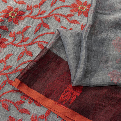 Sanskriti Vintage Saree Gray-Red Blend Cotton Jamdani Woven West Bengal 5.5YSari