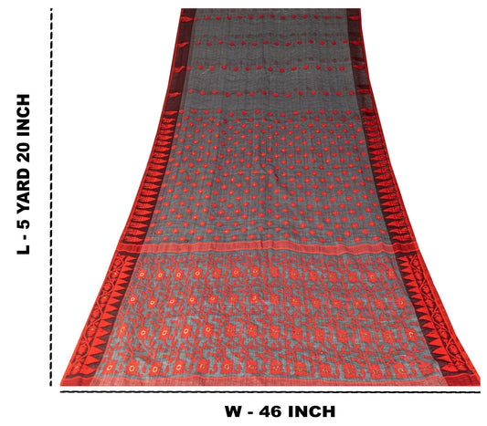 Sanskriti Vintage Saree Gray-Red Blend Cotton Jamdani Woven West Bengal 5.5YSari