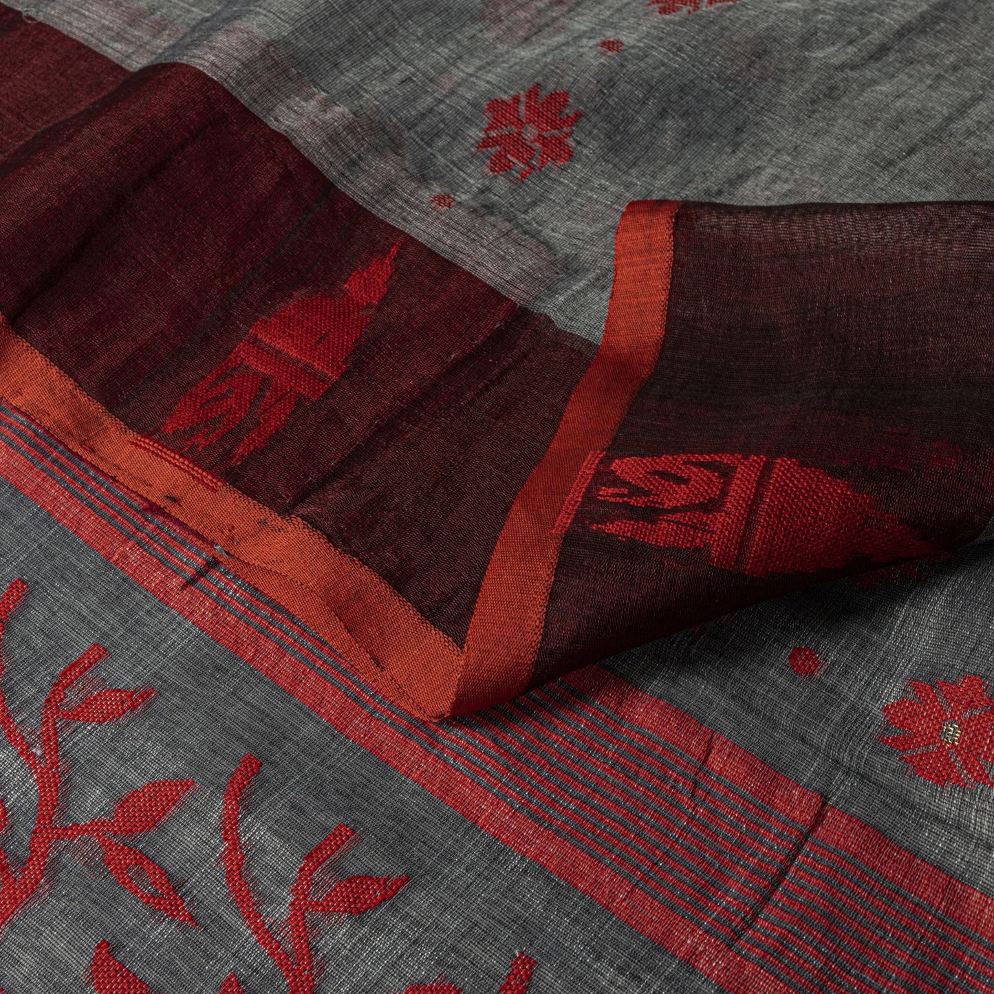 Sanskriti Vintage Saree Gray-Red Blend Cotton Jamdani Woven West Bengal 5.5YSari