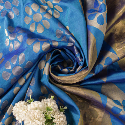 Sanskriti Vintage Saree Blue Pure Silk Brocade Zari Hand Woven Sari 5.5+YD Craft
