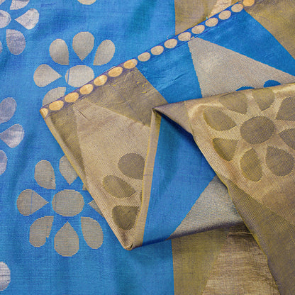 Sanskriti Vintage Saree Blue Pure Silk Brocade Zari Hand Woven Sari 5.5+YD Craft