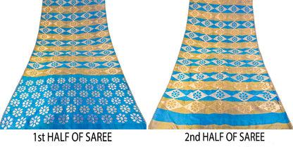 Sanskriti Vintage Saree Blue Pure Silk Brocade Zari Hand Woven Sari 5.5+YD Craft