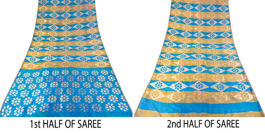 Sanskriti Vintage Saree Blue Pure Silk Brocade Zari Hand Woven Sari 5.5+YD Craft