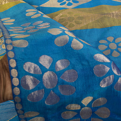 Sanskriti Vintage Saree Blue Pure Silk Brocade Zari Hand Woven Sari 5.5+YD Craft