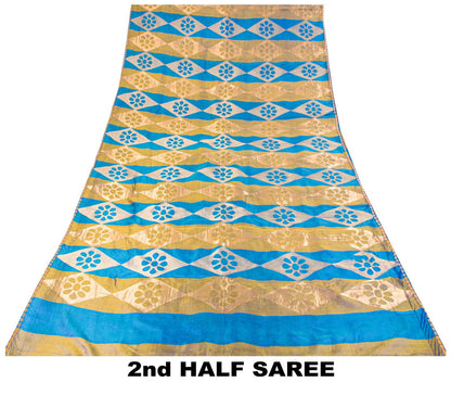Sanskriti Vintage Saree Blue Pure Silk Brocade Zari Hand Woven Sari 5.5+YD Craft