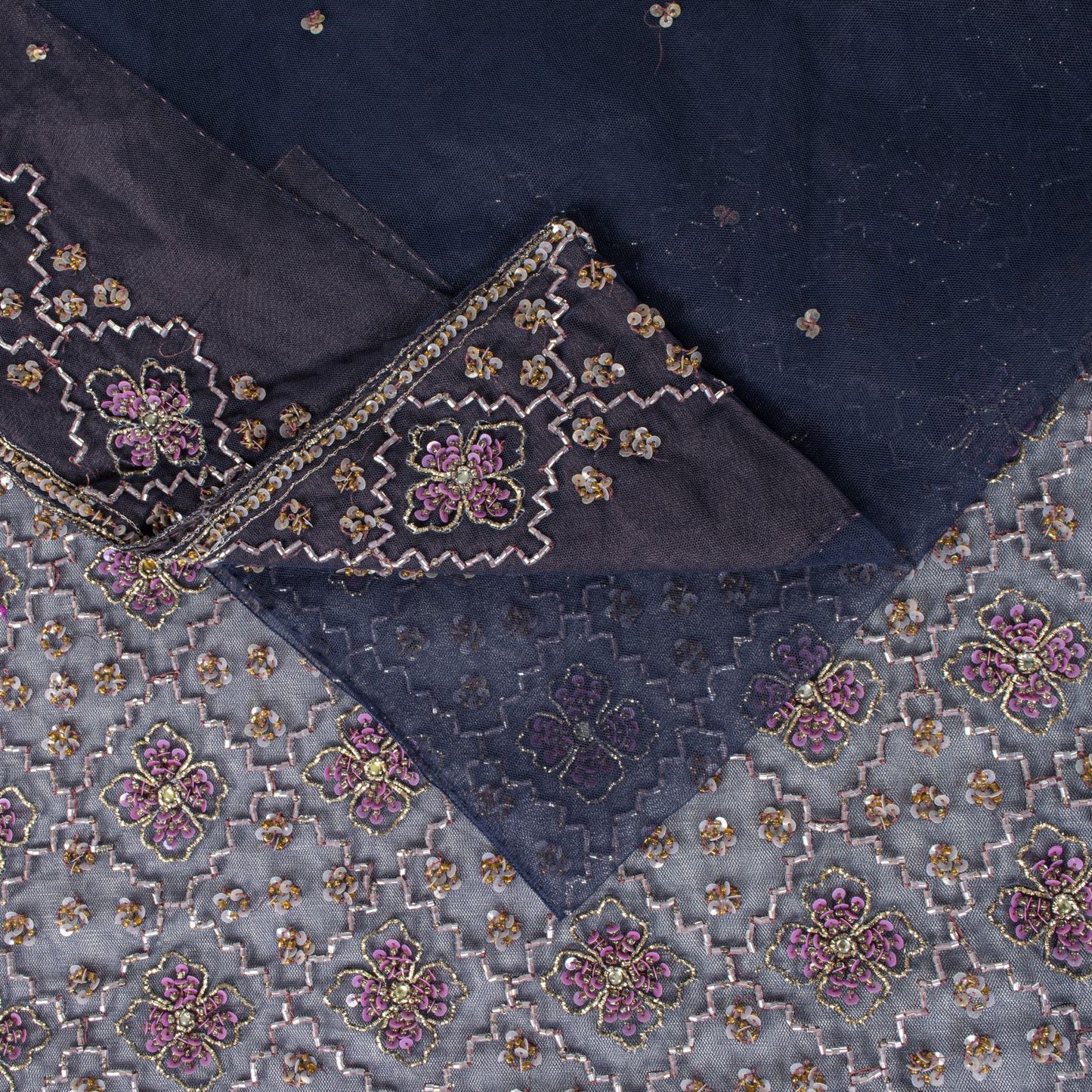 Sanskriti Vintage Saree Blue Net Hand Beaded Dabka Bollywood Sari 5.5 Yd Fabric