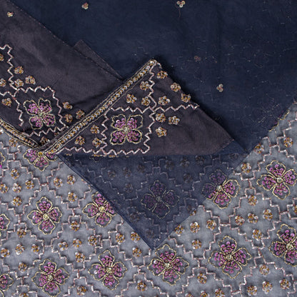 Sanskriti Vintage Saree Blue Net Hand Beaded Dabka Bollywood Sari 5.5 Yd Fabric